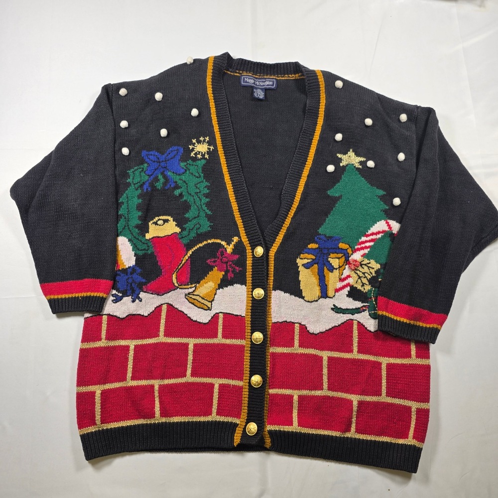 Maggie McNaughton Vintage Christmas Cardigan Sweater Black Red Gold‎ Womens 2X